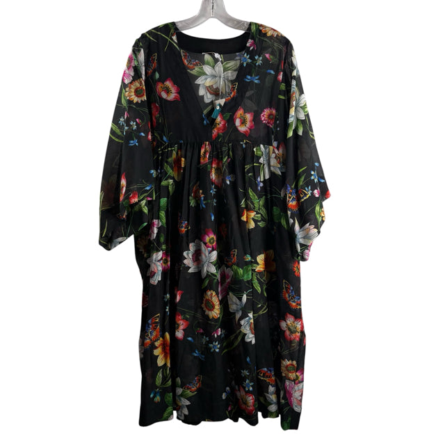 JOHNNY WAS Size X-LARGE Black Floral 3/4 Sleeve Cotton Blend NWT DRESS