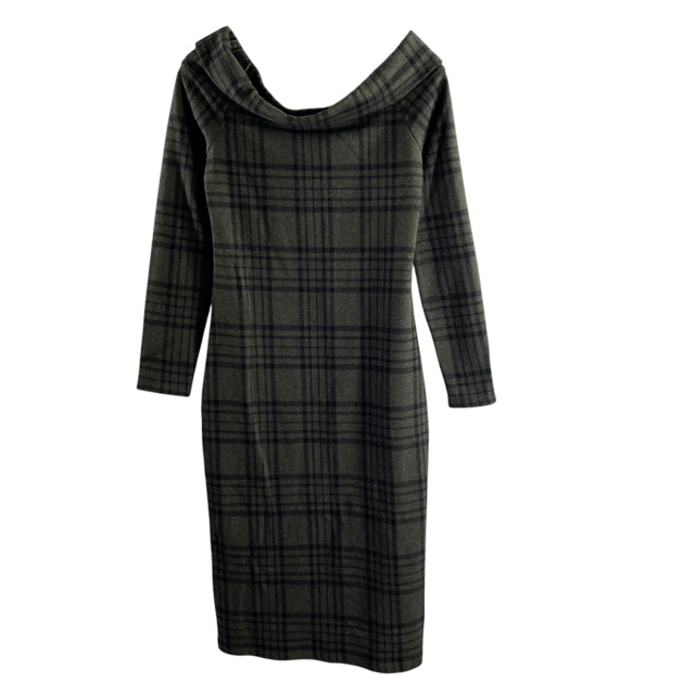 BANANA REPUBLIC Size X-SMALL Green/Black Plaid 3/4 Sleeve Cotton Blend DRESS