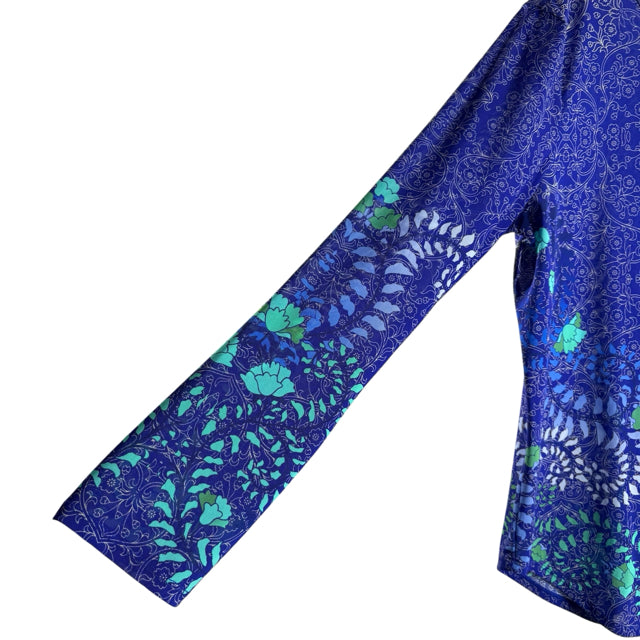 JOHNNY WAS ACTIVE Size X-LARGE Royal/Green Print Long Sleeve Tee Nylon Blend TOP