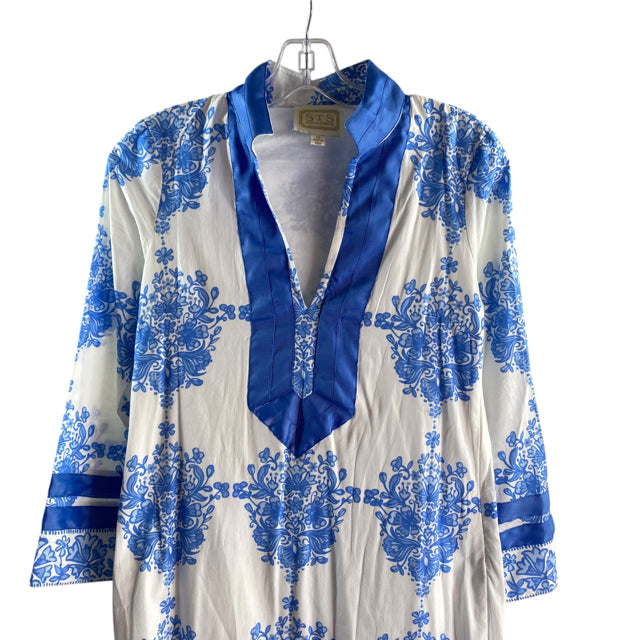 STS Size X-SMALL White/Blue Floral 3/4 Sleeve Cotton DRESS