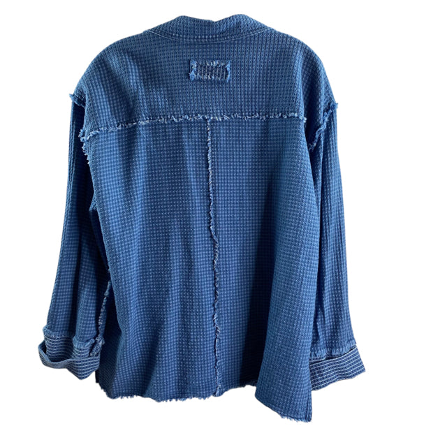 WE THE FREE Size SMALL Blue Waffle Long Sleeve Button Front Cotton TOP