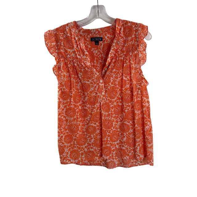 J CREW Size SMALL White/Orange Print Cap Sleeve Button Neck Cotton Blend TOP
