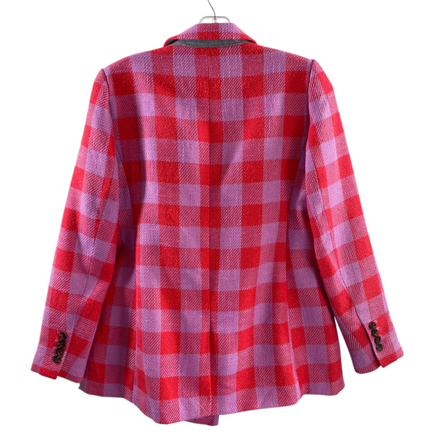 ANN TAYLOR Size 4 PETITE Red/Purple Check Long Sleeve Polyester Blend BLAZ / JKT