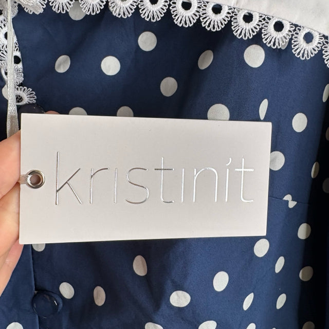 KRISTINIT Size MEDIUM Blue/White Polka Dots Long Sleeve Collar Cotton NWT BLOUSE