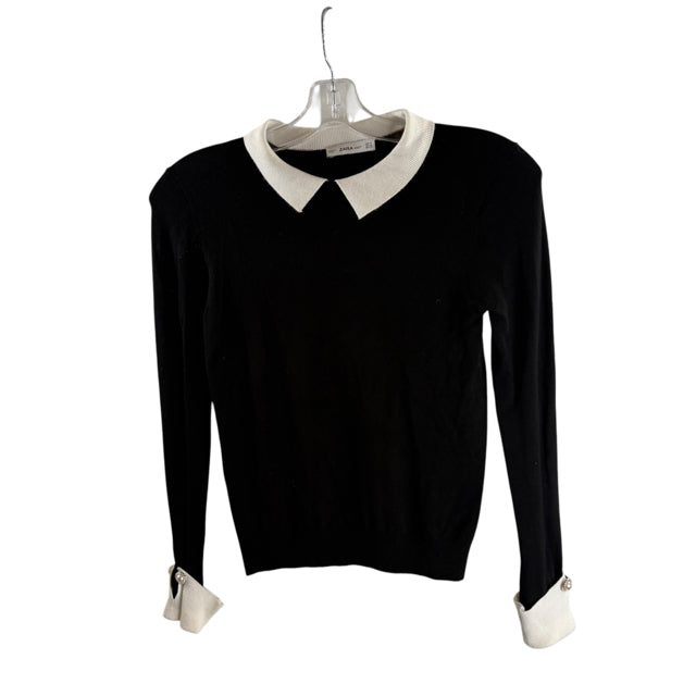 ZARA Size MEDIUM Black White Collar Long Sleeve SWEATER