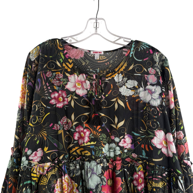 JOHNNY WAS Size LARGE Black/Multi Print 3/4 Sleeve Cotton DRESS