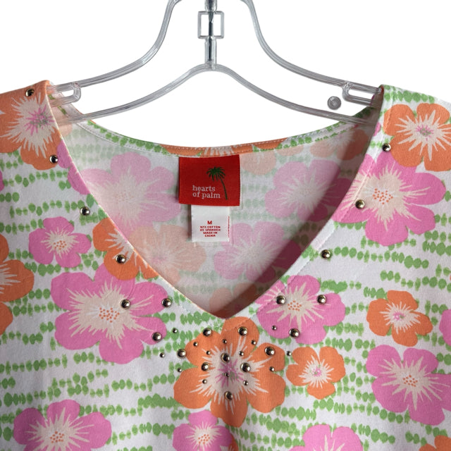 HEARTS OF PALM Size MEDIUM Pink/Green Floral Short Sleeve V-Neck TOP