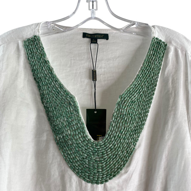 FOR CYNTHIA Size LARGE White/Green Neck Detail 3/4 Sleeve Tunic Linen NWT TOP