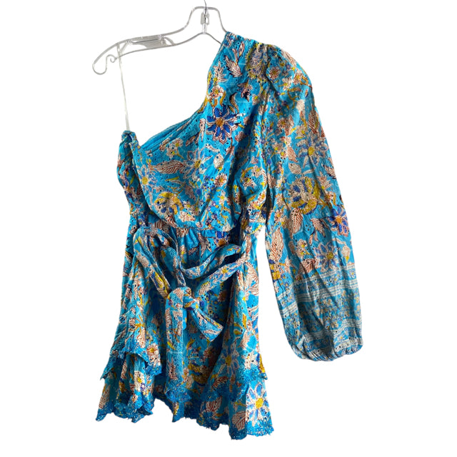 HEMANT & NANDITA Size SMALL Aqua/Multi Print One Sleeve Cotton DRESS