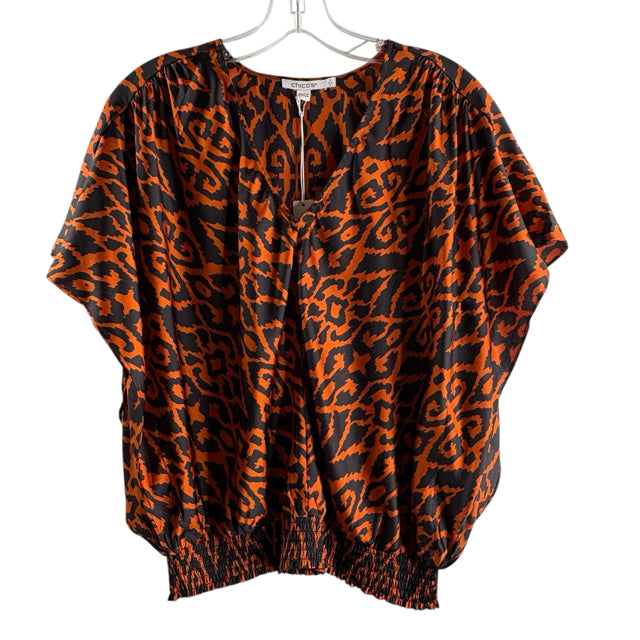 CHICOS Size CHICOS 1 Orange/Black Animal Short Sleeve V-Neck Polyester NWT TOP