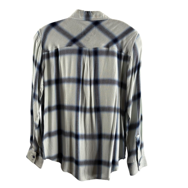 RAILS Size X-SMALL Light Blue/Navy Plaid Long Sleeve Button Front Rayon TOP