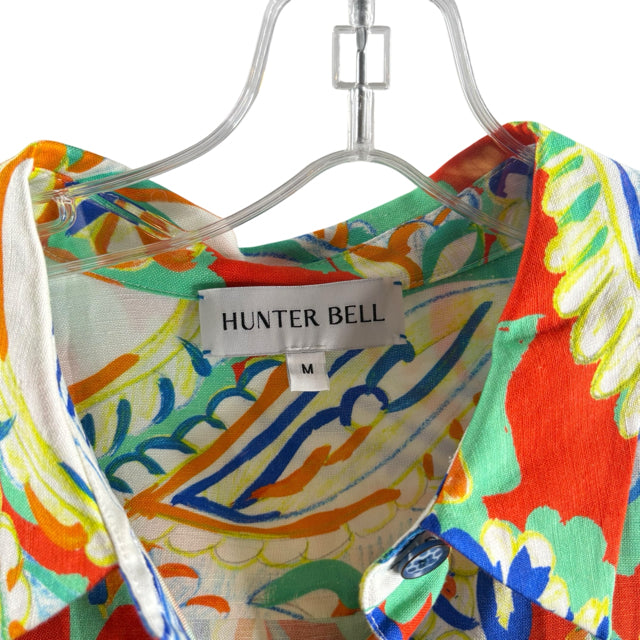 HUNTER BELL Size MEDIUM Green/Multi Print Short Sleeve Linen Blend DRESS