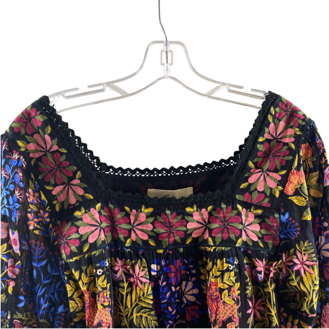 PRINTFRESH Size MEDIUM Black/Multi Floral Long Sleeve Peasant Organic Cotton TOP