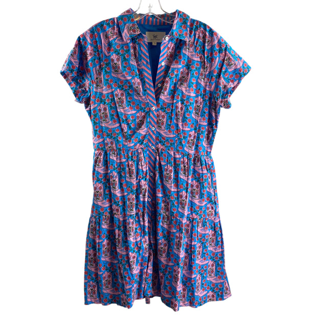 PRINTFRESH Size MEDIUM Blue/Pink Print 3/4 Sleeve Cotton DRESS