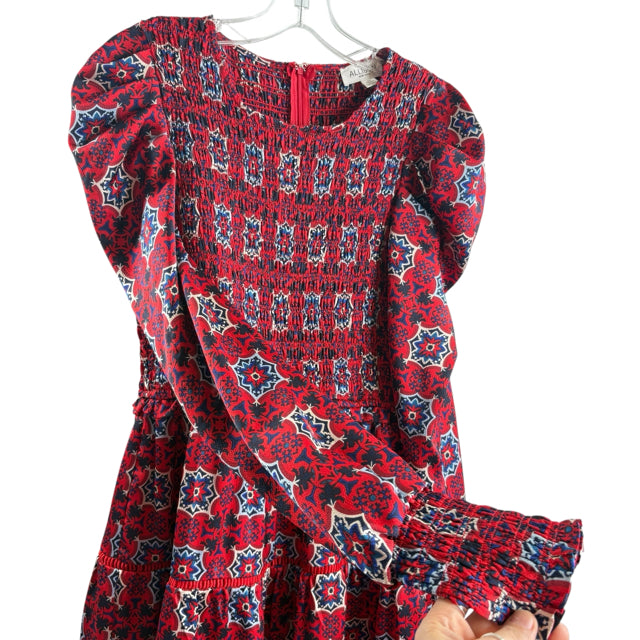 ALLISON Size SMALL Red/Blue Print Long Sleeve Polyester DRESS