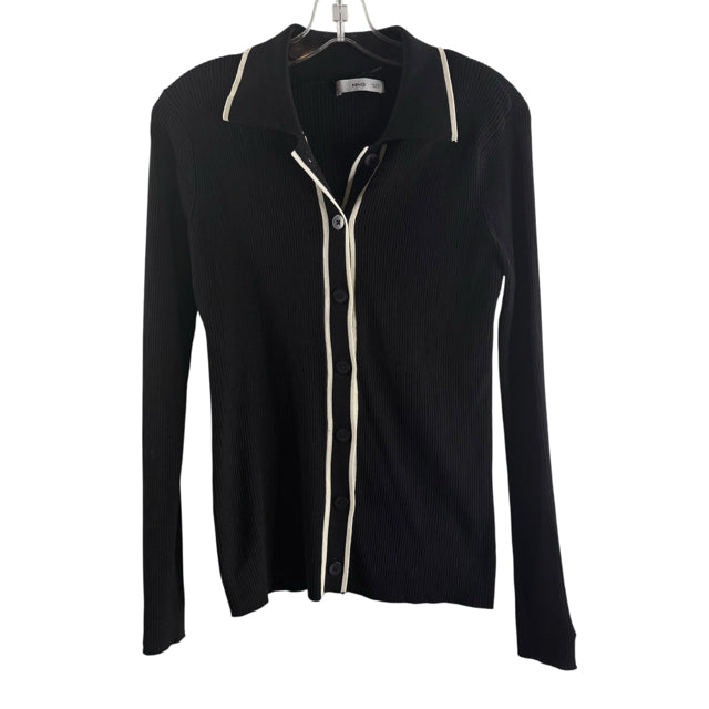 MNG Size LARGE Black/Cream Ribbed Long Sleeve Button Front SWEATER