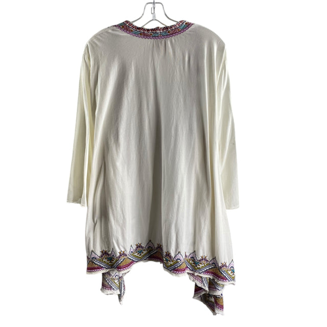 JOHNNY WAS Size 2X White Embroidered Long Sleeve Open Front TOP