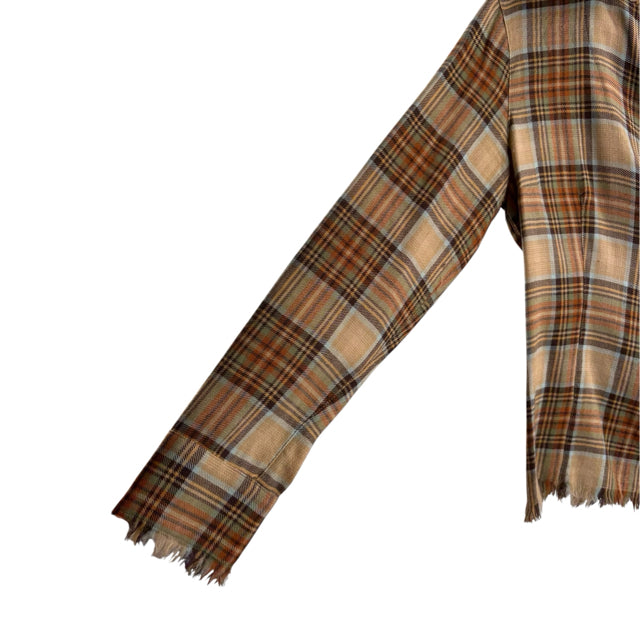 WORTH Size 6 Brown/Multi Plaid Long Sleeve Cross Front BLOUSE