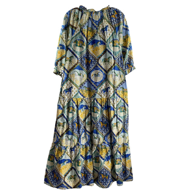 PRINTFRESH Size MEDIUM Blue/Tan Print 3/4 Sleeve Cotton DRESS