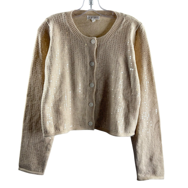 LINE & DOT Size MEDIUM Tan Sequin Long Sleeve Button Front Acrylic SWEATER