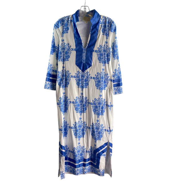 STS Size X-SMALL White/Blue Floral 3/4 Sleeve Cotton DRESS