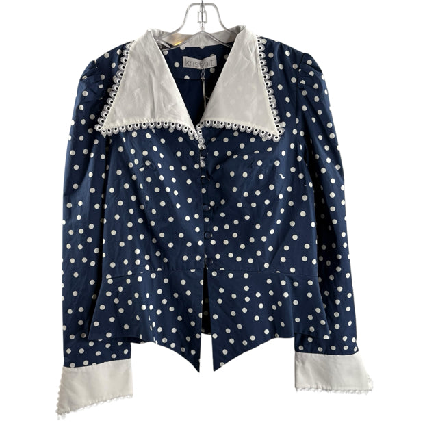KRISTINIT Size MEDIUM Blue/White Polka Dots Long Sleeve Collar Cotton NWT BLOUSE