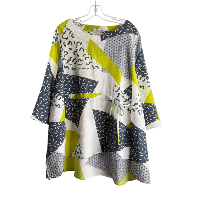 MOONLIGHT Size LARGE White/Yellow Print 3/4 Sleeve Drawstring Hi-Lo TOP