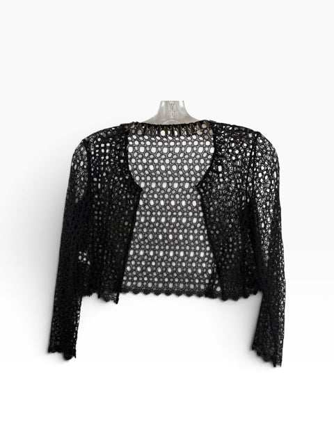 ELIE TAHARI Size 4 Black Crochet Long Sleeve Crop SWEATER