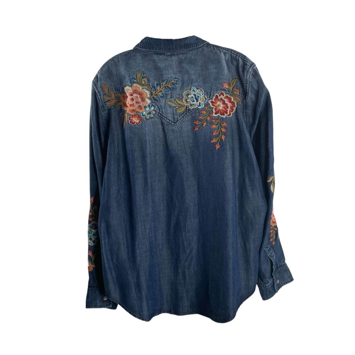 DRIFTWOOD Size X-LARGE Denim Blue Embroidered Long Sleeve B'front TOP