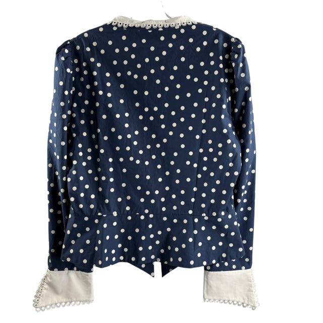 KRISTINIT Size MEDIUM Blue/White Polka Dots Long Sleeve Collar Cotton NWT BLOUSE