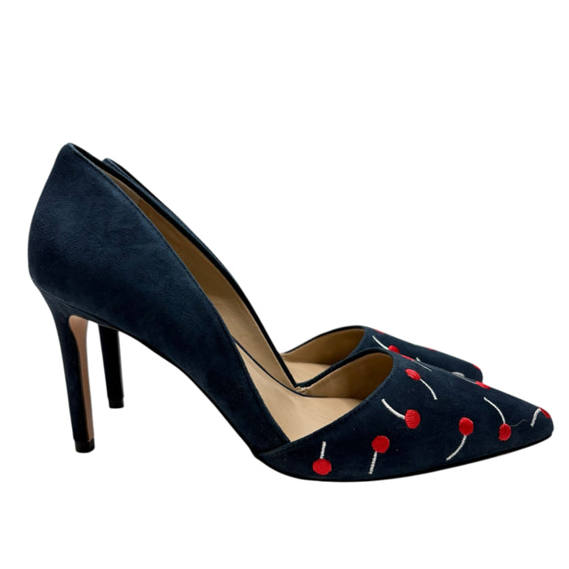 ANN T Size 9 Navy Red Embroidered Sling Suede SHOE