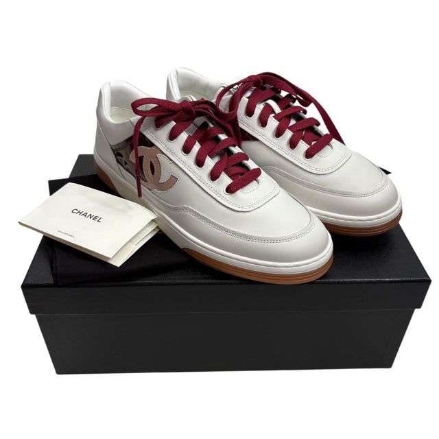 CHANEL Size 39 White/Red Sneaker Leather BOX SHOE