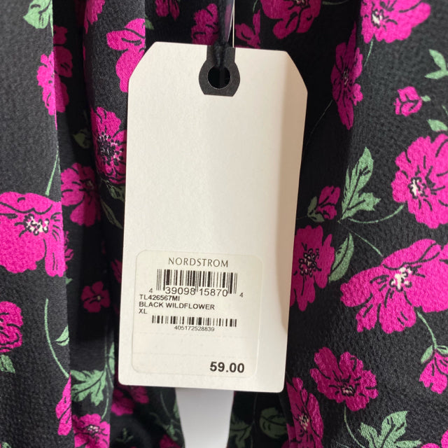 LEITH Size X-LARGE Black Floral Poet Button Front Polyester NWT TOP