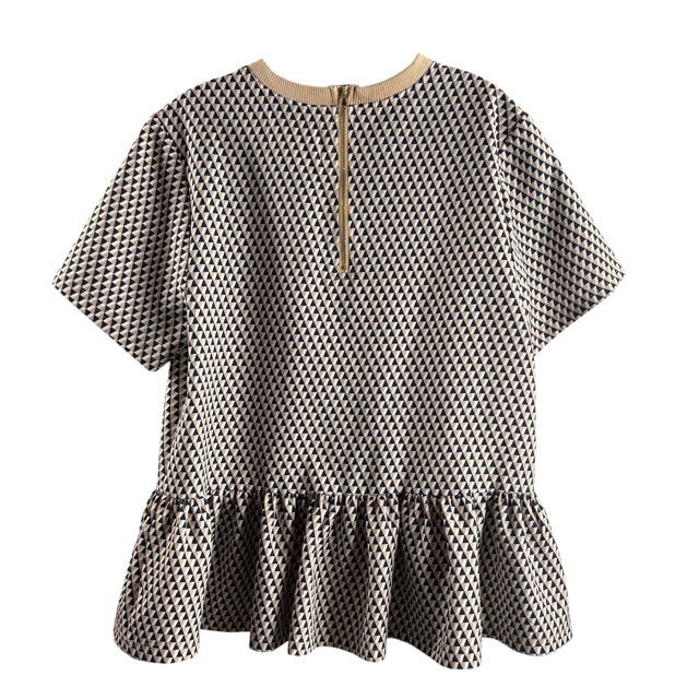 ADDISON BAY Size SMALL Tan/Navy Print Short Sleeve Peplum Polyester Blend TOP