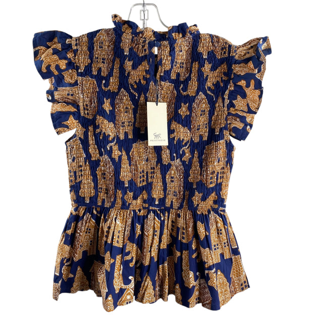 PRINTFRESH Size MEDIUM Navy/Tan Print Short Sleeve Peasant Organic Cotton BLOUSE