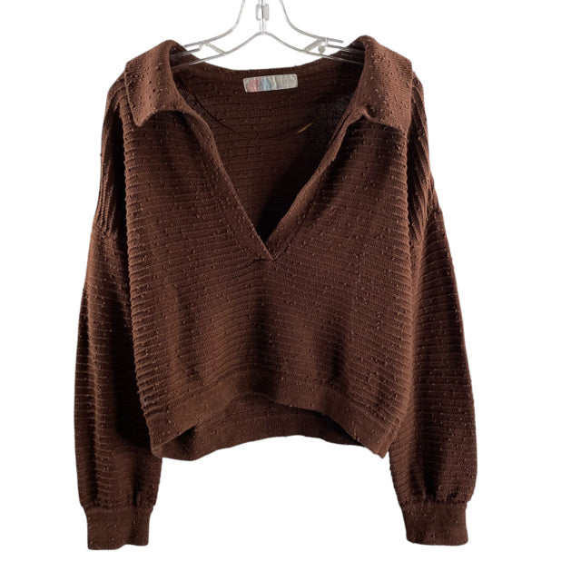 FREE PEOPLE Size SMALL Brown Collar Long Sleeve Cotton Blend SWEATER