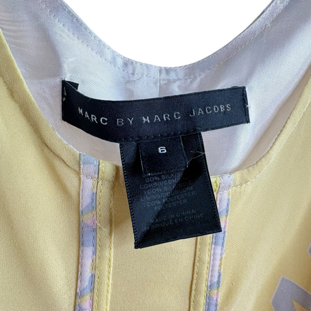 MARC JACOBS Size 6 Cream/Yellow Print Sleeveless Silk DRESS