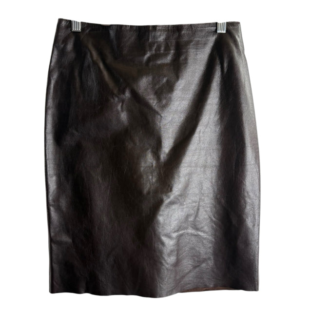 THEORY Size 4 Chocolate Knee Length Leather SKIRT