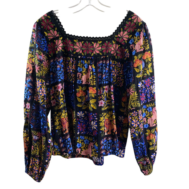 PRINTFRESH Size MEDIUM Black/Multi Floral Long Sleeve Peasant Organic Cotton TOP
