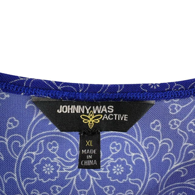 JOHNNY WAS ACTIVE Size X-LARGE Royal/Green Print Long Sleeve Tee Nylon Blend TOP