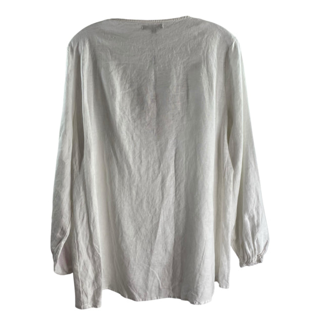 FOR CYNTHIA Size LARGE White/Green Neck Detail 3/4 Sleeve Tunic Linen NWT TOP