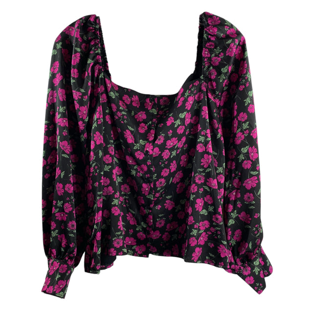 LEITH Size X-LARGE Black Floral Poet Button Front Polyester NWT TOP