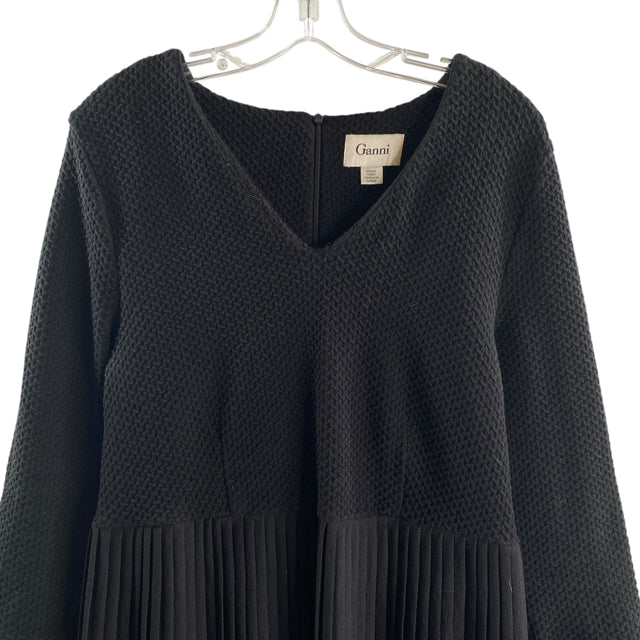 GANNI Size LARGE Black Textured 3/4 Sleeve Cotton DRESS