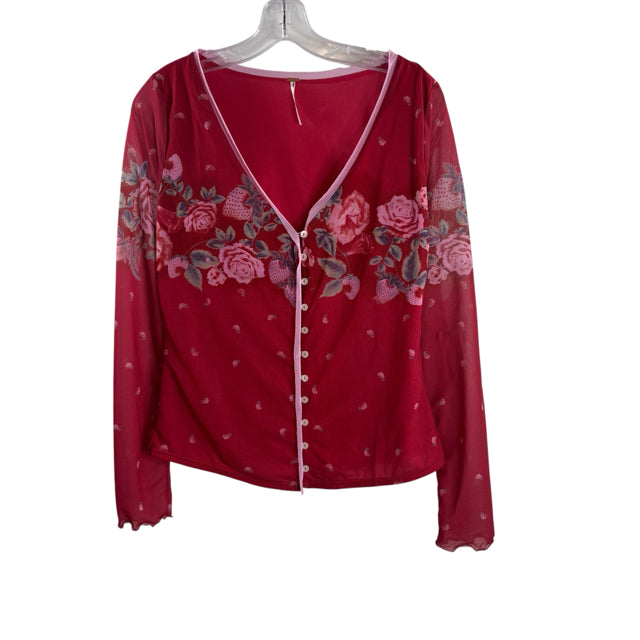FREE PEOPLE Size MED Red/Multi Floral Long Sleeve TOP