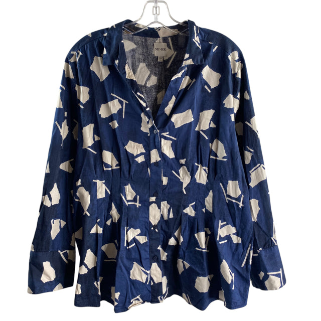 NIC & ZOE Size X-Large Blue/White Print Long Sleeve Button Front Cotton BLOUSE