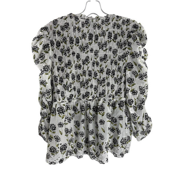 ANTHROPOLOGIE Size MED White/Black Print Long Sleeve SMOCKING DETAIL BLOUSE