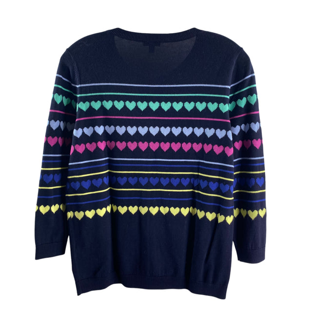TALBOTS Size PETITE MEDIUM Navy/Multi Hearts 3/4 Sleeve Button Front SWEATER