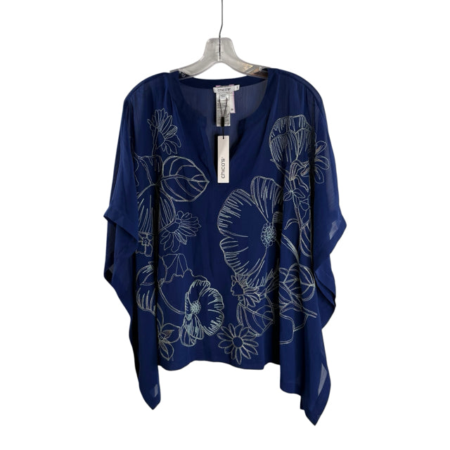 CHICOS Size S/M Blue Short Sleeve Poncho Embroidered NWT BLOUSE