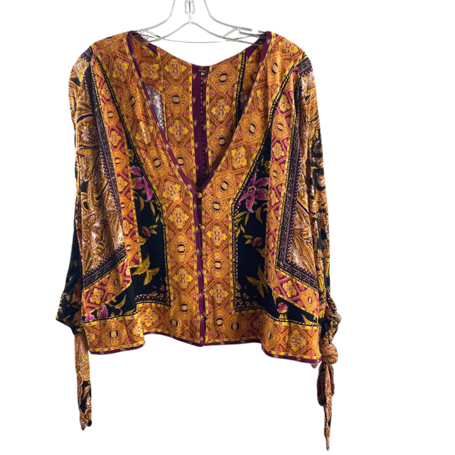 FREE PEOPLE Size SMALL Orange/Multi Print 3/4 Sleeve Button Front Viscose BLOUSE