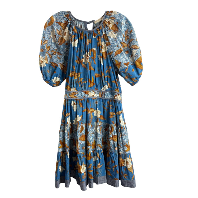 ULLA JOHNSON Size 4 Blue/Brown Print Short Sleeve Cotton Blend NWOT DRESS